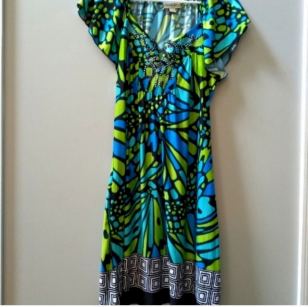 ONE WORLD Blue and Green Midi Dress